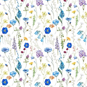 May include: A white background is covered with a watercolor floral pattern. The design features a variety of flowers in shades of blue, purple, yellow, and orange. The flowers are interspersed with green leaves and stems, creating a natural and vibrant look.