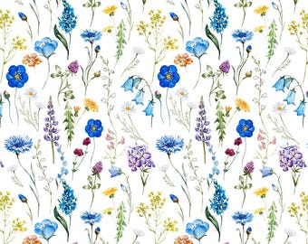 May include: A white background is covered with a watercolor floral pattern. The design features a variety of flowers in shades of blue, purple, yellow, and orange. The flowers are interspersed with green leaves and stems, creating a natural and vibrant look.
