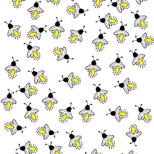 May include: A white background with a repeating pattern of black and white fireflies with yellow glowing bodies.