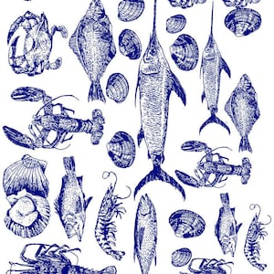 Seafood In Blue - Ceramic Decals- Enamel Decal  - Glass Fusing Decal ~ Waterslide Decal - 55179Bl