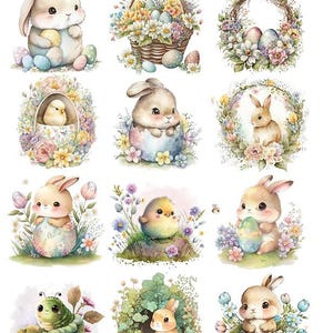 May include: A collection of watercolour illustrations featuring Easter imagery. The images depict bunnies, chicks, Easter eggs, floral wreaths, and a basket of flowers. The colour scheme is soft, using pastel shades of blue, pink, yellow, and green.