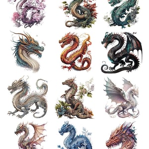 May include: A collection of twelve dragon illustrations in various colors and styles. Dragons are depicted with intricate details, some with wings, and surrounded by floral elements. The color palette includes shades of purple, green, red, and blue.