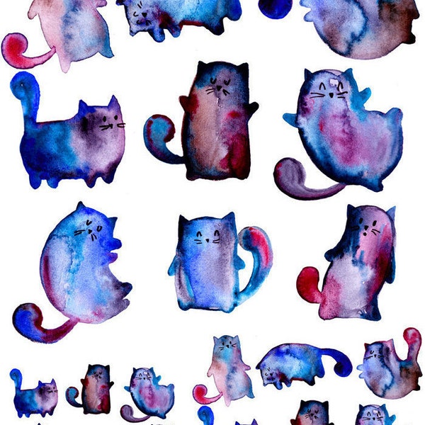 Watercolor Blue Cats - Ceramic Decals- Enamel Decal - Fusible Decal - Glass Fusing Decal ~ Waterslide Decal - 46805