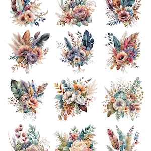 May include: Twelve watercolour illustrations of floral bouquets with feathers. The bouquets feature a variety of flowers, including roses, peonies, and wildflowers, in shades of pink, purple, blue, and yellow. The feathers are in shades of brown, beige, and blue.