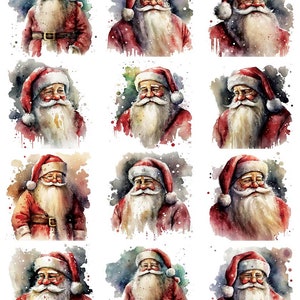 Peut inclure: Un collage numérique de neuf illustrations à l'aquarelle du Père Noël. Chaque illustration représente le Père Noël avec une expression et une pose différentes. Les illustrations sont sur un fond blanc avec des éclaboussures d'aquarelle.
