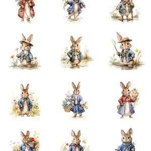 May include: A sheet of watercolor-style stickers featuring various dressed-up bunnies. Each bunny is depicted in a different outfit, holding items like flowers, walking sticks, and baskets. The bunnies are in shades of brown, blue, and red.