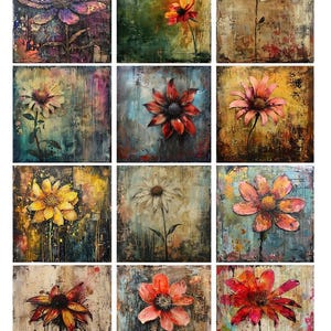 May include: A collection of twelve square floral paintings. Each painting features a single, large flower in various colors, including purple, red, yellow, and white, against a textured, abstract background. The artwork has a rustic, vintage aesthetic.