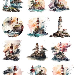 May include: Twelve watercolour illustrations of lighthouses on rocky islands. Each lighthouse is painted in red and white stripes with a white top. The lighthouses are surrounded by water and have a variety of backgrounds, including clouds, trees, and waves.