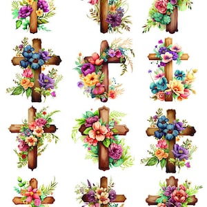 May include: Watercolour illustrations of wooden crosses decorated with vibrant floral arrangements. Each cross features a unique combination of colourful flowers, including roses, daisies, and other blooms, with green foliage. The crosses are set against a white background.