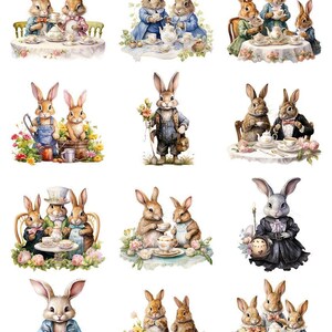 May include: A selection of watercolour illustrations showing rabbits in various scenes. Rabbits are depicted at tea parties, gardening, and dressed in vintage clothing. The illustrations have a soft, pastel colour palette.