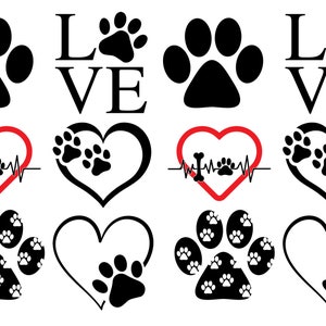 May include: A set of eight black and white paw print designs with the word "LOVE" in black lettering. The paw prints are in a variety of styles, including a single paw print, a paw print with a heart, and a paw print with a heartbeat. The designs are perfect for use on t-shirts, mugs, tote bags, and other items.