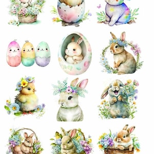 May include: A collection of watercolour illustrations featuring Easter themes. The images include bunnies, chicks, and decorated eggs. Some bunnies are in baskets, wearing flower crowns, or sitting near flowers. The colour palette is soft with pastel colours.