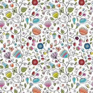 May include: A seamless pattern featuring a variety of colorful flowers and leaves on a white background. The flowers are drawn in a whimsical style with intricate details. The pattern is perfect for use in a variety of creative projects, such as fabric, wallpaper, or wrapping paper.