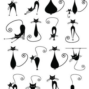 Może przedstawiać: Zestaw 15 czarnych ceramicznych sylwet kotów z zakręconymi ogonami. Koty są w różnych pozach, w tym siedzących, stojących i rozciągających się.