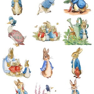 May include: Watercolor illustrations of Peter Rabbit and friends. The images depict various scenes with rabbits in blue jackets, a duck in a bonnet, and other characters. The style is reminiscent of classic children's book illustrations.