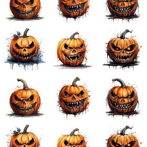 Może przedstawiać: Dwunastu cyfrowych ilustracji strasznych dyni halloweenowych z różnymi wyrażeniami. Dynie są pomarańczowe z czarnymi oczami, nosami i ustami. Niektóre mają wokół siebie krople rozpryskującej się farby.