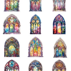 May include: A collection of twelve colorful stained-glass window designs. Each window features intricate patterns and vibrant hues of red, yellow, blue, and green. The windows are in an arched shape, with floral and geometric details.