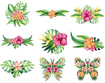 May include: Watercolour illustrations of tropical flowers and leaves. The image features various arrangements of pink hibiscus, yellow plumeria, and green monstera leaves. Some designs are arranged in butterfly shapes.