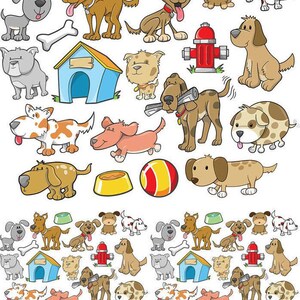 May include: A collection of cartoon dogs in various poses and colors. The illustrations include dogs with bones, dog houses, fire hydrants, food bowls, and a ball. The dogs are in shades of brown, gray, and white, with some having spots.
