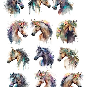 May include: Twelve watercolor paintings of horses with different floral arrangements and color palettes. The horses are depicted in profile, with their heads turned to the side. The paintings are done in a realistic style, with attention to detail in the horses' features and the flowers.