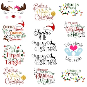 Könnte beinhalten: Eine Sammlung von weihnachtlichen Designs mit festlichem Text und Grafiken. Designs umfassen Rentiergesichter, Weihnachtsmützen und Sätze wie "Believe in the Magic of Christmas" und "Getting Lit Faced."