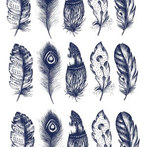 Dark Blue Large Feathers - Ceramic Decals- Enamel Decal  - Glass Fusing Decal ~ Waterslide Decal - 105346