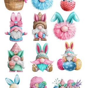 Może przedstawiać: Akwarelowe ilustracje wielkanocnych gnomów z króliczymi uszami. Gnomy są w różnych pozach, niektóre trzymają pisanki lub koszyki. Paleta kolorów obejmuje róż, niebieski, zielony i brązowy.