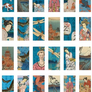 May include: A collection of rectangular art prints with Japanese-inspired illustrations. The prints feature images of koi fish, landscapes, women in traditional attire, butterflies, and dragonflies, set against a teal background. Some prints include Japanese text.