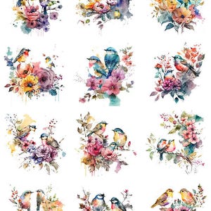 May include: Watercolor illustrations of colorful birds perched on floral branches. Each design features vibrant birds with detailed feathers and a variety of flowers in shades of pink, purple, yellow, and blue. The designs are on a white background.