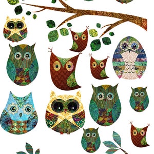 May include: A digital illustration of a family of owls perched on a tree branch. The owls are all different colours and patterns, with some having green, blue, and brown feathers. The owls are all looking at the viewer. The background is white.