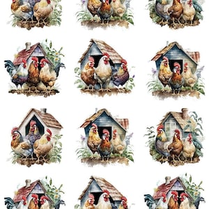 May include: Watercolor illustrations of chickens and a coop. Each image features a group of chickens in front of a small wooden coop. The chickens have red combs and various feather colors. The coops have brown and blue roofs.