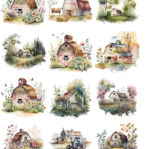 Watercolor Barns Farms -   Ceramic Decals- Enamel Decal -  Glass Fusing Decal ~ Waterslide Decal - 47199