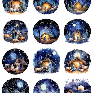 Peut inclure: Douze illustrations à l'aquarelle de la scène de la Nativité. Chaque illustration représente une variante différente de la scène, avec une étable, une étoile, une lune et des animaux. Les illustrations sont sur un fond bleu foncé avec des étoiles blanches.