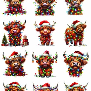 May include: A sheet of Christmas-themed stickers featuring Highland cows adorned with Santa hats and colorful string lights. Some cows have glasses, and some are wrapped in scarves. The stickers are a festive holiday decoration.