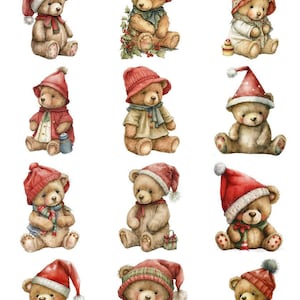 May include: Watercolor illustrations of teddy bears wearing festive red hats and scarves. Each bear has a unique outfit, some with coats, others with scarves and hats. The bears are in a sitting position, perfect for holiday-themed crafts or decorations.