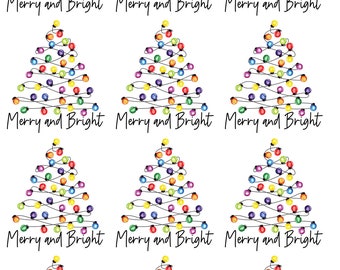 May include: Nine images of Christmas trees made of colourful lights with the text "Merry and Bright" underneath each tree.