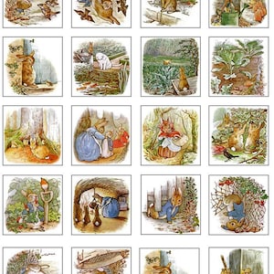 Könnte beinhalten: Eine Sammlung von 20 kleinen quadratischen Illustrationen mit Szenen aus einer Kindergeschichte. Die Illustrationen zeigen Kaninchen in verschiedenen Umgebungen, mit detaillierten Hintergründen und sanften Farbpaletten. Die Bilder erinnern an klassische Bilderbuchkunst.