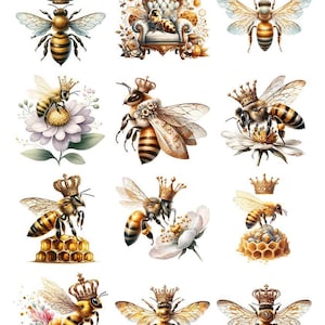May include: A sheet of stickers featuring watercolor illustrations of bees wearing crowns. The bees have detailed wings and are set against a white background. Some bees are perched on flowers or honeycombs.