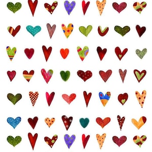 May include: A collection of colorful heart-shaped designs in various patterns and colors, including red, blue, green, and orange. The hearts have diverse textures, such as polka dots, stripes, and patchwork, creating a vibrant and cheerful aesthetic.