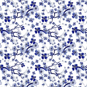 Peut inclure: Motif répété de branches de fleurs de cerisier bleues et blanches. Le motif à l'aquarelle présente des branches bleu foncé avec des grappes de fleurs bleues et blanches. Le fond est blanc, créant un contraste saisissant.