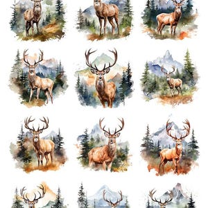 May include: A sheet of watercolour deer illustrations. Each deer has large antlers, set against a backdrop of mountains and evergreen trees. The colour palette includes browns, greens, and blues, creating a naturalistic scene.