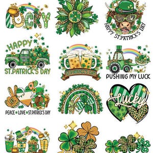 May include: A collection of St. Patrick's Day themed graphics. Designs include a green truck, beer mugs, a tractor, a cow wearing a hat, shamrocks, rainbows, and the word "Lucky". The graphics are in green, gold, and white.