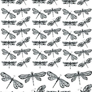 May include: A seamless pattern featuring black and white illustrations of dragonflies. The dragonflies are intricately detailed and have a delicate, whimsical feel.