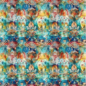 May include: A vibrant, repeating pattern featuring a watercolor design with ornate floral and geometric elements. The color palette includes shades of blue, teal, orange, and yellow, creating a rich and detailed textile design. The image has the number "55288" in the top left corner.