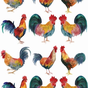May include: A digital illustration of nine watercolor roosters. The roosters are in various poses, with some facing forward and others facing sideways. The roosters are painted in shades of red, orange, yellow, blue, and green.