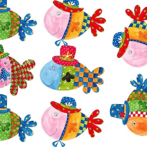 May include: A collection of colourful, whimsical fish illustrations. Each fish is adorned with a patterned hat and divided into sections of orange, pink, green, and blue. Patterns include checks, polka dots, and floral designs. The fish have smiling faces.