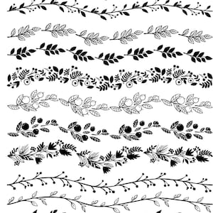 May include: A collection of black and white botanical border designs. The image features various patterns of leaves, berries, and floral elements arranged in horizontal lines. The designs are suitable for crafting, scrapbooking, or digital design projects.