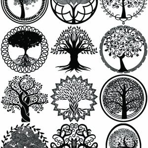 May include: A collection of black and white tree designs in circular and oval frames. Each tree features intricate details, including branches, leaves, and roots. The designs vary in style, from detailed floral patterns to geometric shapes. The image includes the number "88225" in the top left corner.
