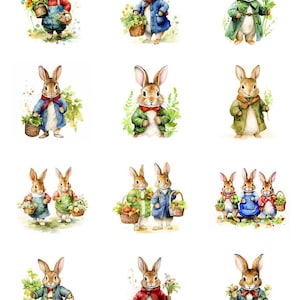 May include: Watercolor illustrations of rabbits in various outfits, holding baskets of flowers and vegetables. The rabbits wear coats, overalls, and bow ties in shades of blue, green, red, and brown. The image includes the number 55697.