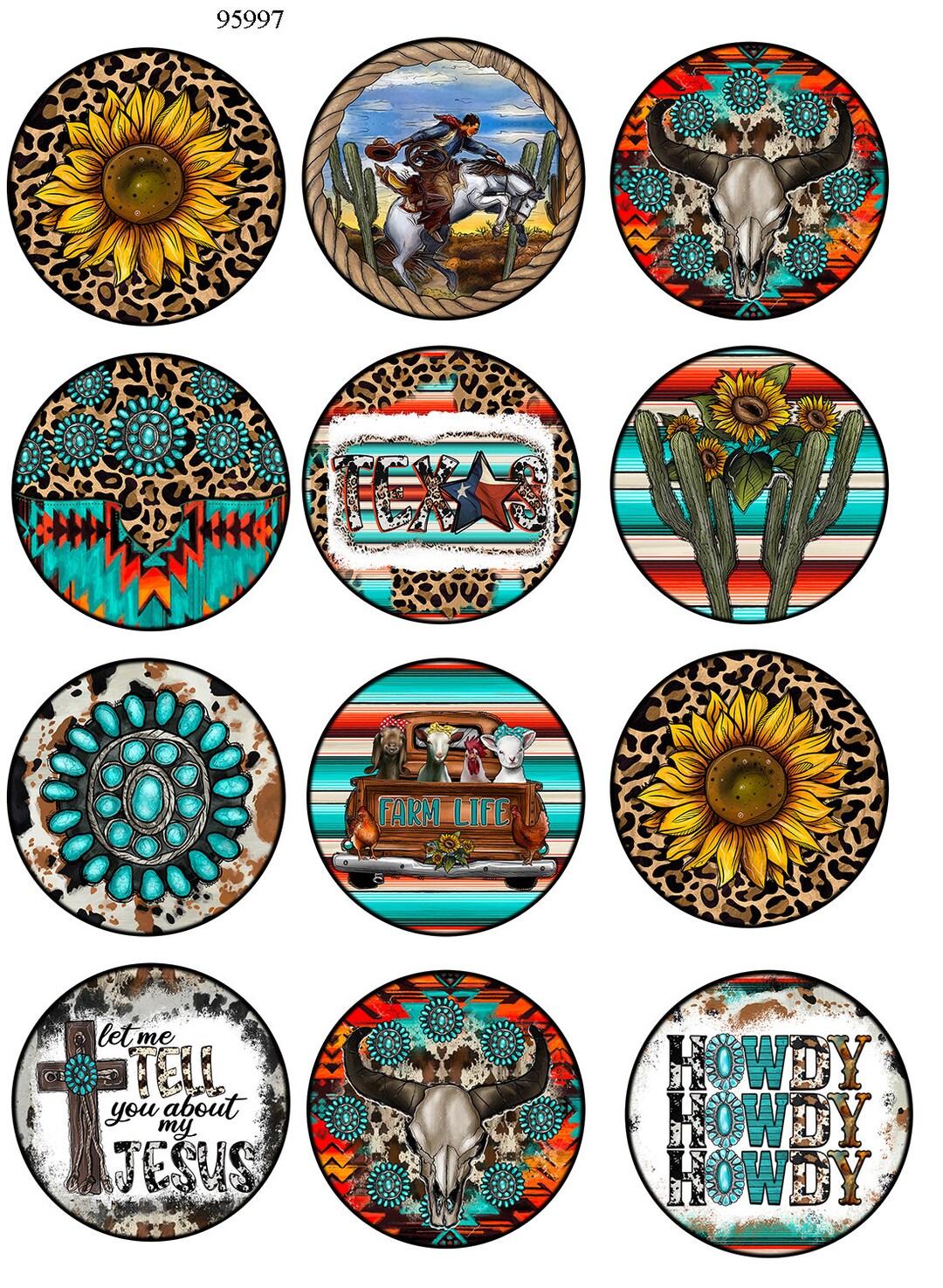 Western Circles Coasters Ceramic Decal Glass Decal LEAD FREE & Food